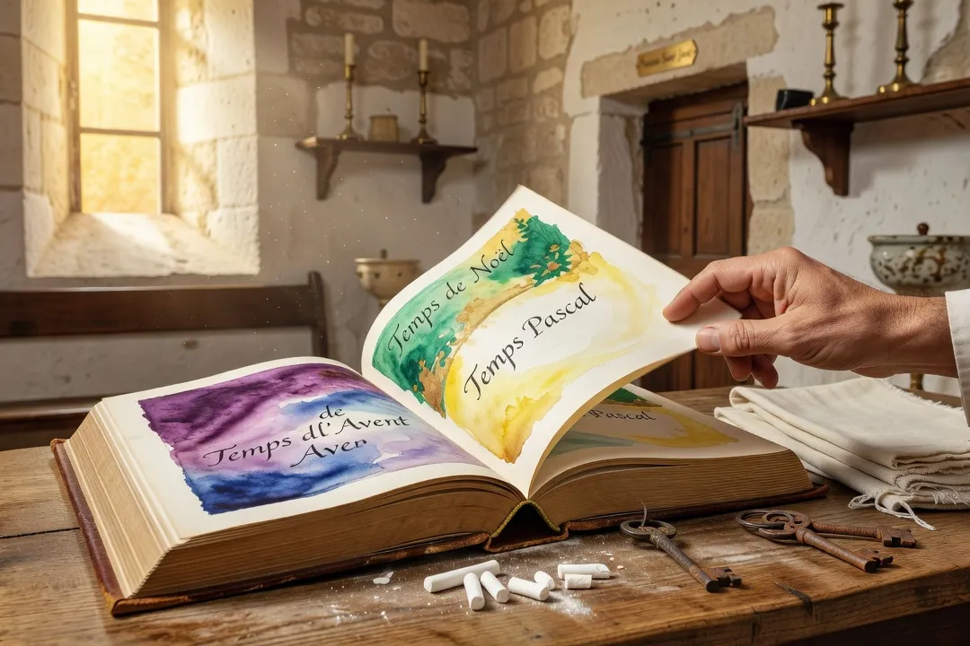 Calendrier liturgique consulté dans une sacristie paroissiale