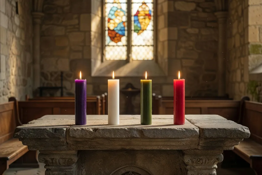 Bougies liturgiques symbolisant les couleurs du calendrier catholique