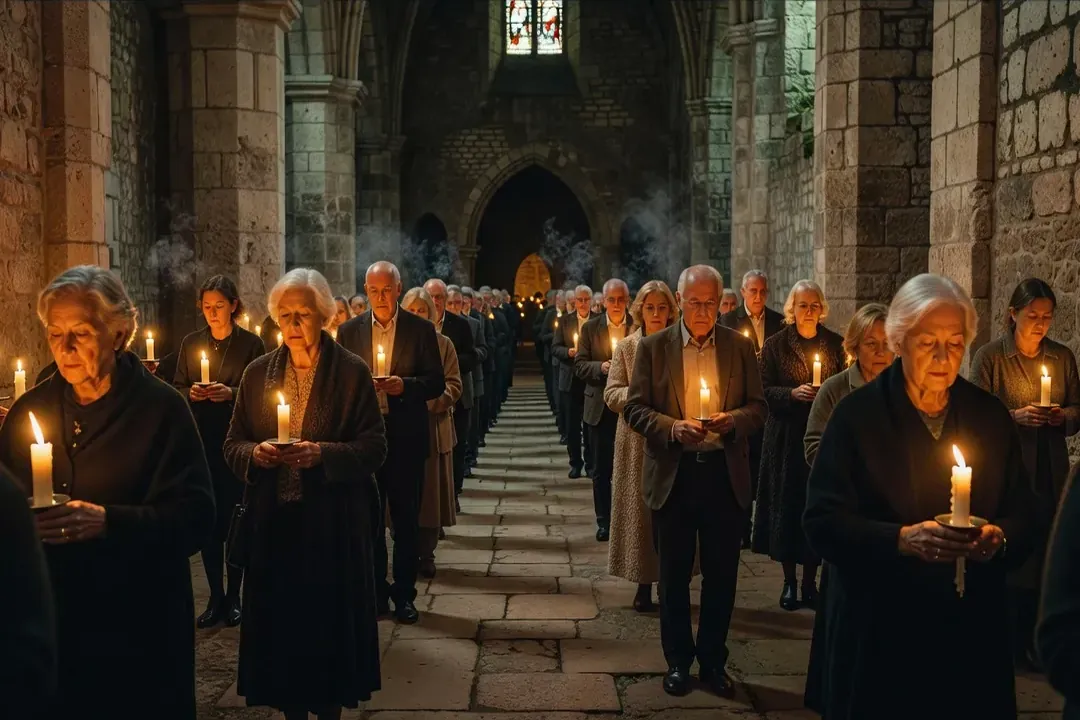 Fidèles tenant des cierges allumés lors d'une procession à la lumière