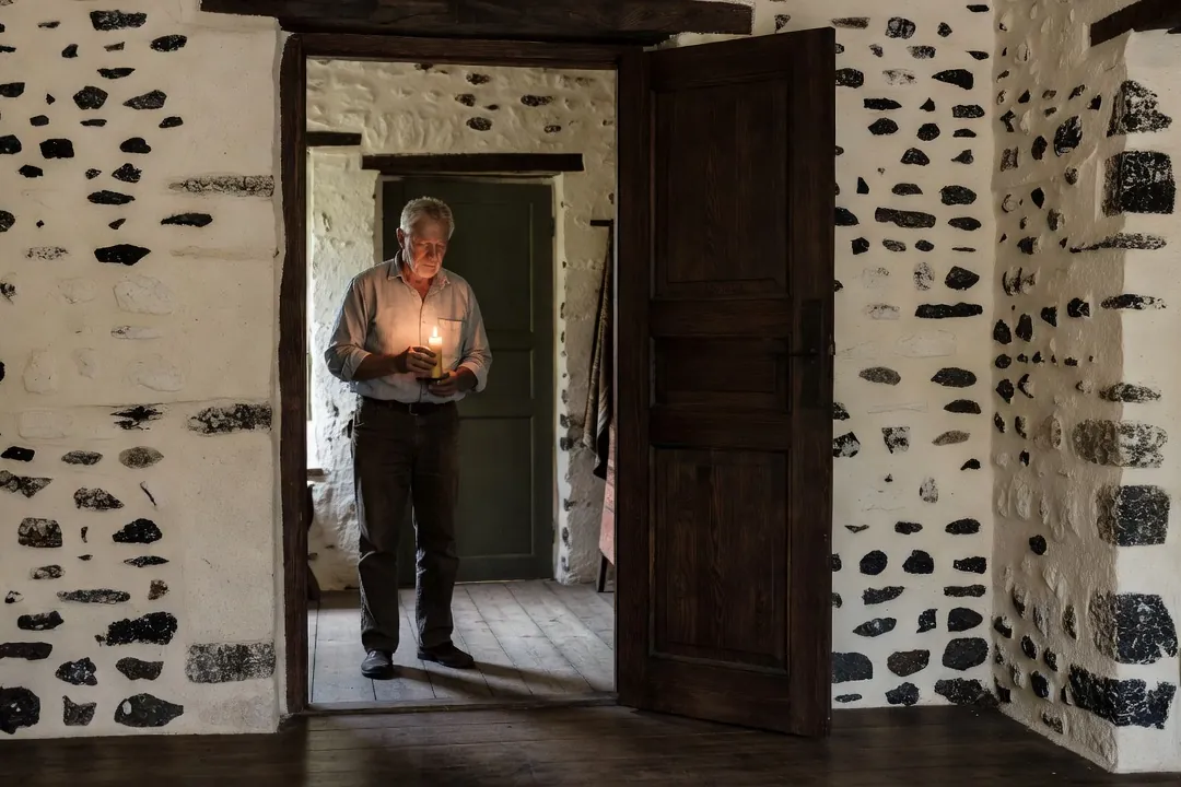Main tenant un cierge béni allumé à l'entrée d'une maison picarde