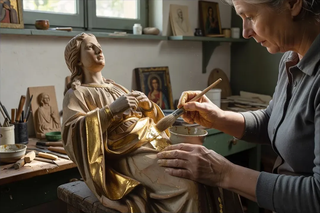 Mains de restauratrice appliquant une feuille d'or sur une statue de bois
