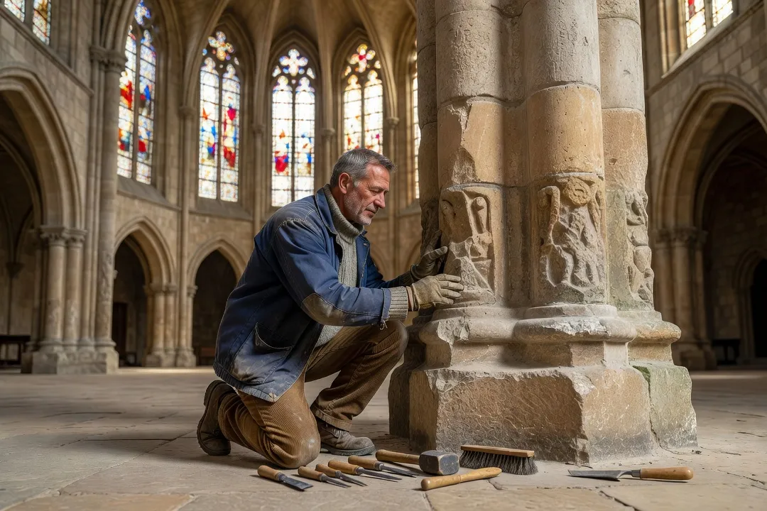 Artisan restaurateur examinant la pierre ancienne de l'abbatiale