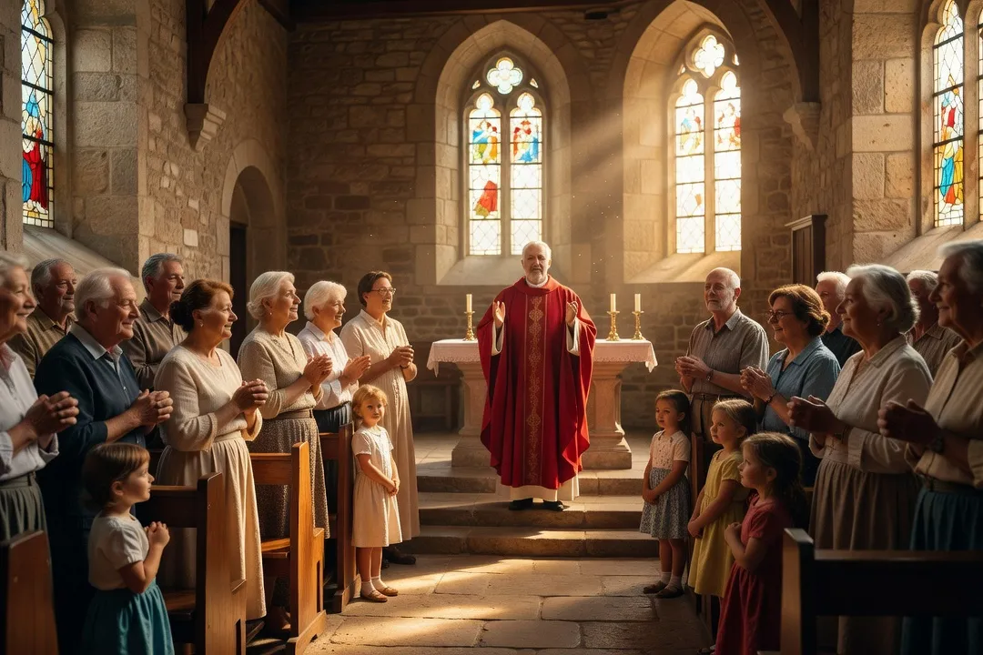Assemblée réunie pour la messe de la Pentecôte, prêtre en vêtements rouges