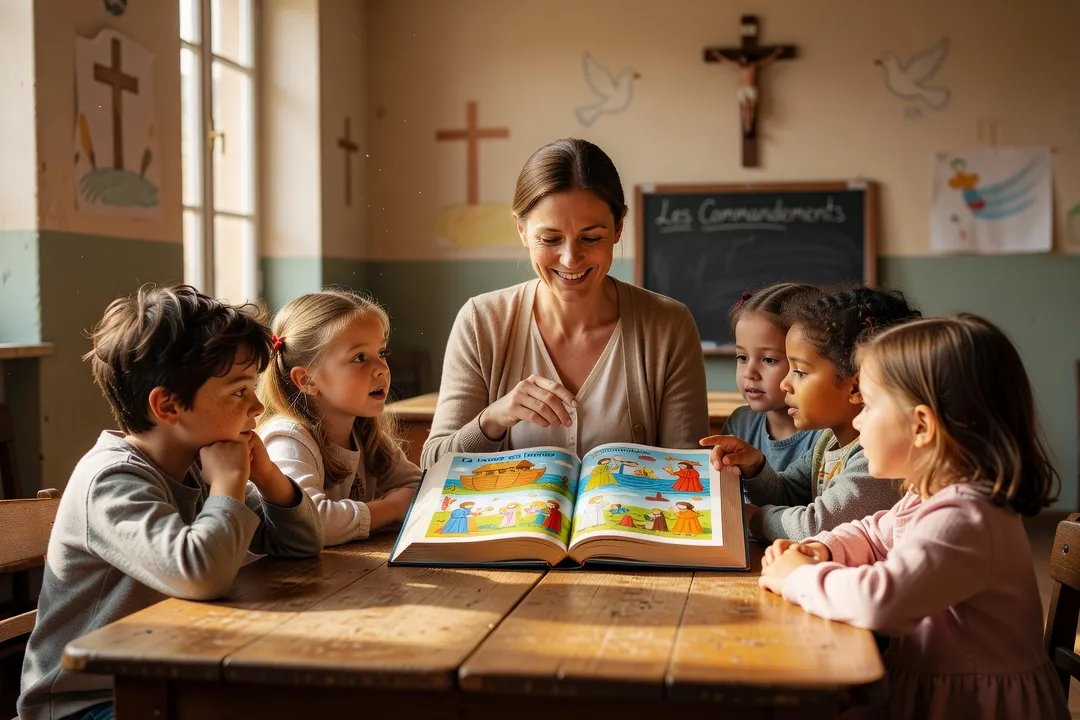 Catéchiste accompagnant un groupe d'enfants dans leur préparation