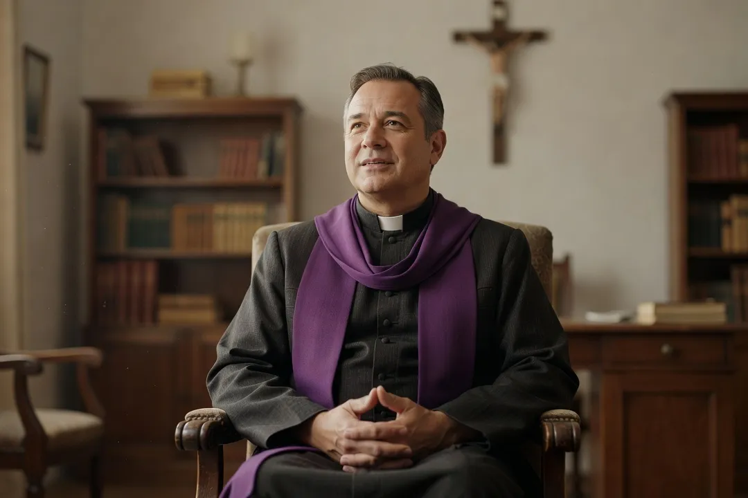 Prêtre en étole violette, disposition d'écoute du sacrement de réconciliation