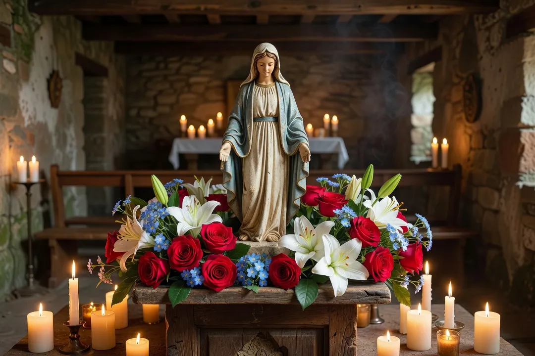 Statue de la Vierge entourée de fleurs déposées par les pèlerins