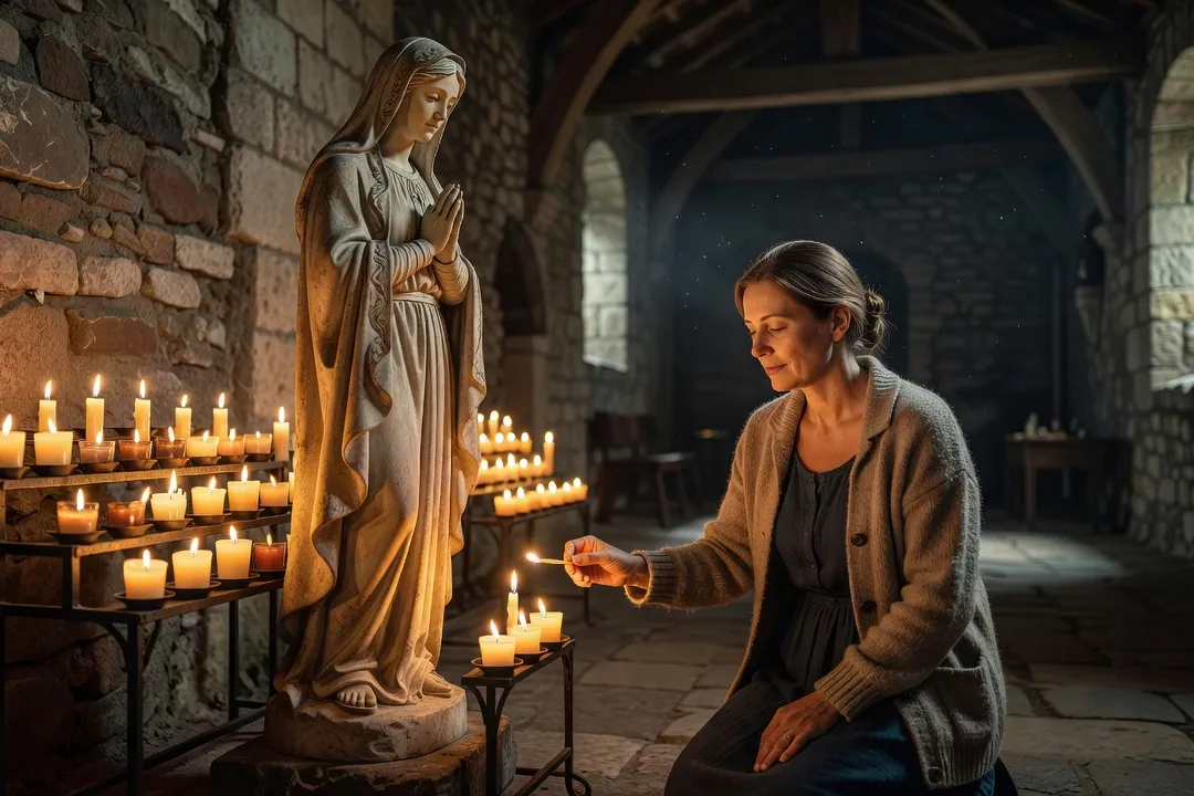 Fidèle allumant un cierge devant une statue de la Vierge