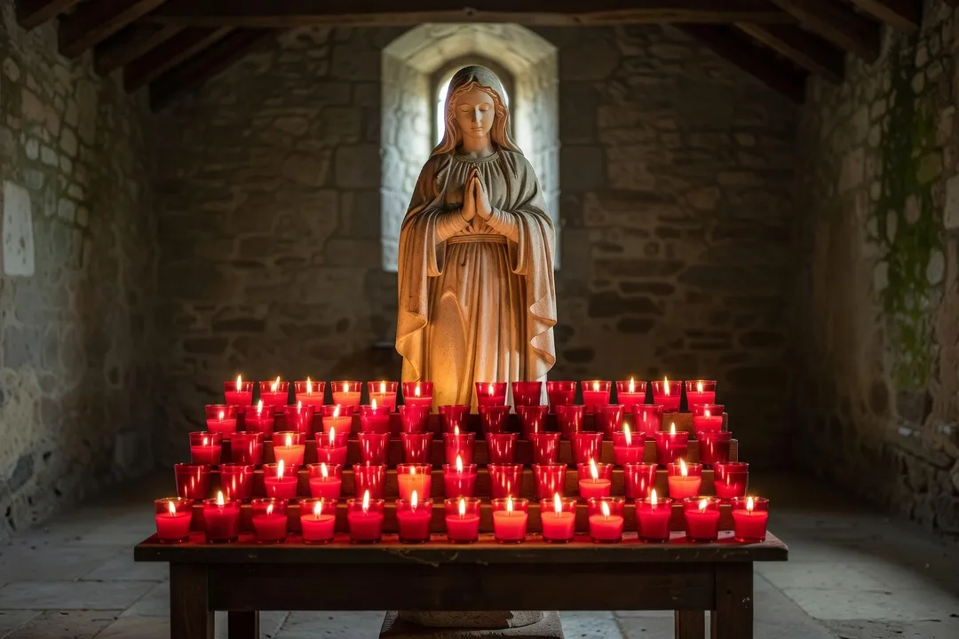 Cierges votifs allumés devant une statue mariale