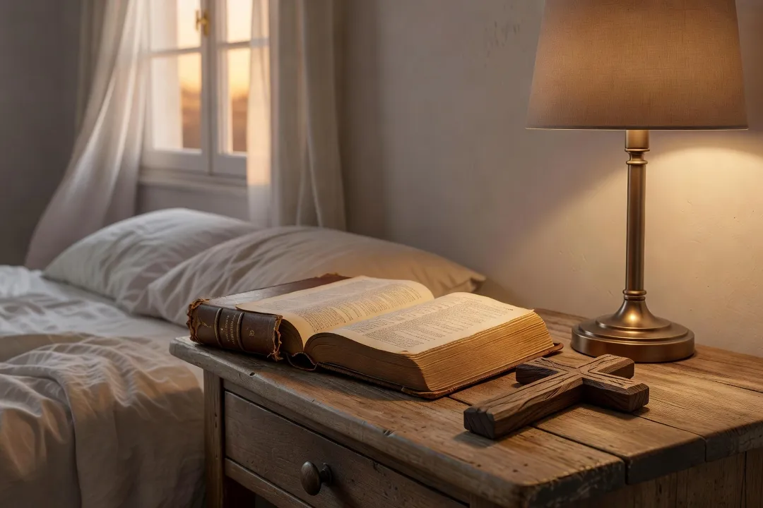 Bible et croix posées sur une table de nuit