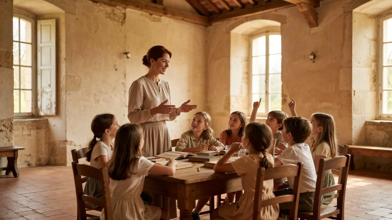 Catéchiste animant un temps d'éveil à la foi avec des enfants