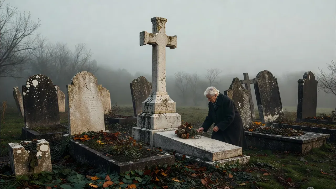Croix monumentale et tombes anciennes dans un cimetière rural du Pays de Bray