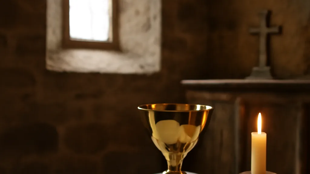 Calice et hostie sur un autel évoquant l'eucharistie catholique