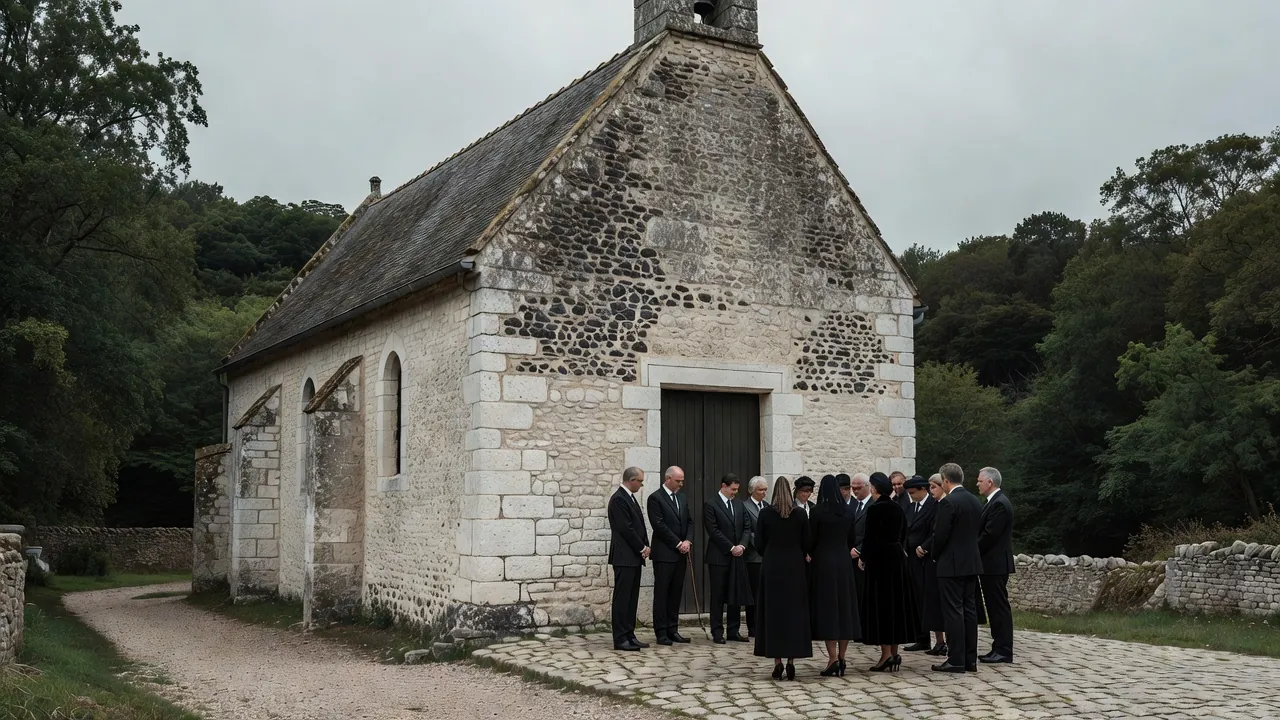 Un cierge allumé près d’un cercueil dans une église
