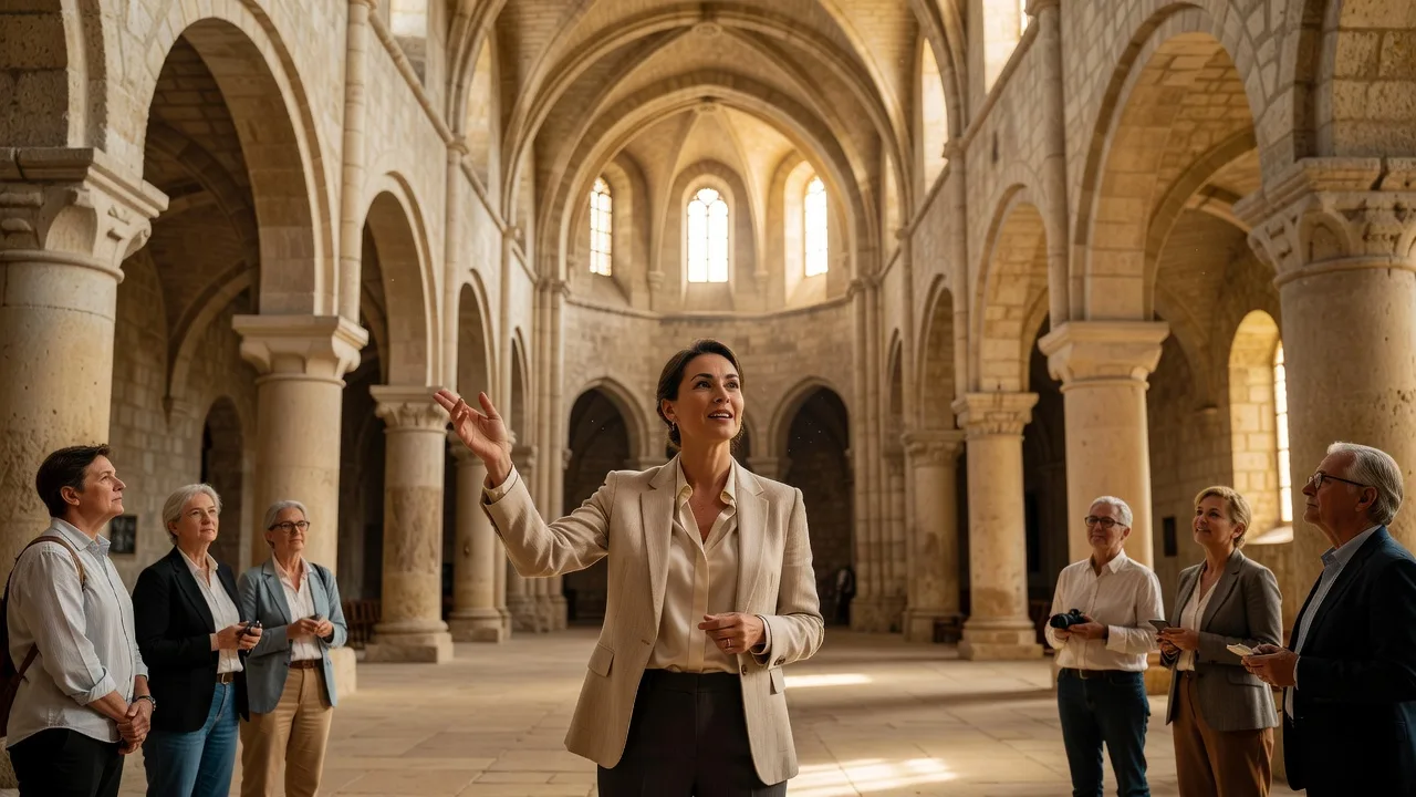 Guide bénévole présentant l'architecture d'une abbatiale à des visiteurs