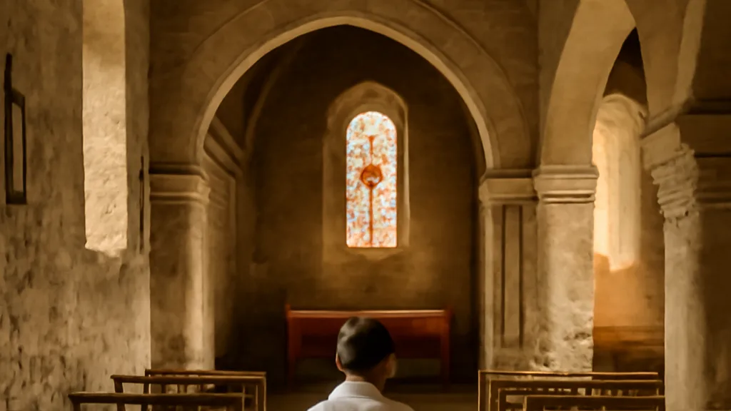 Enfant en aube blanche lors d'une célébration de première communion