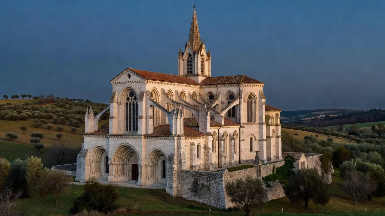 Vue immersive de l'abbatiale Saint-Germer-de-Fly au crépuscule